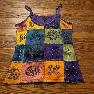 Rising International Patchwork Tank Top M Boho Hippie Tie-Dye Sleeveless Tunic